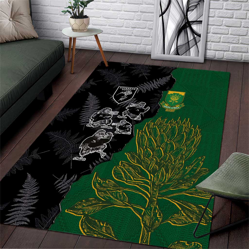 Aotearoa South Africa Rugby Freedom Cup Area Rug Kiwi Warriors Haka with King Protea Symbol LT03