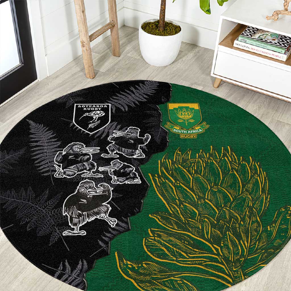 Aotearoa South Africa Rugby Freedom Cup Round Carpet Kiwi Warriors Haka with King Protea Symbol LT03