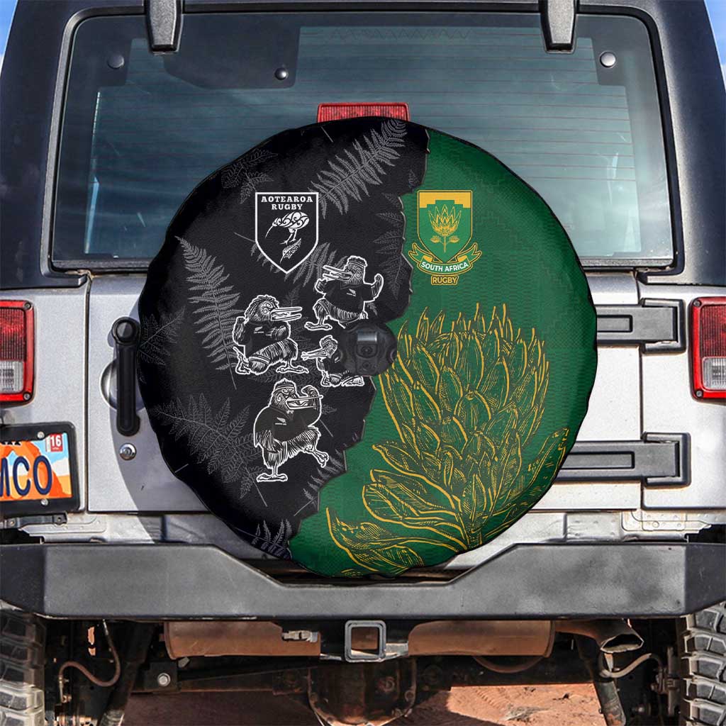 Aotearoa South Africa Rugby Freedom Cup Spare Tire Cover Kiwi Warriors Haka with King Protea Symbol LT03