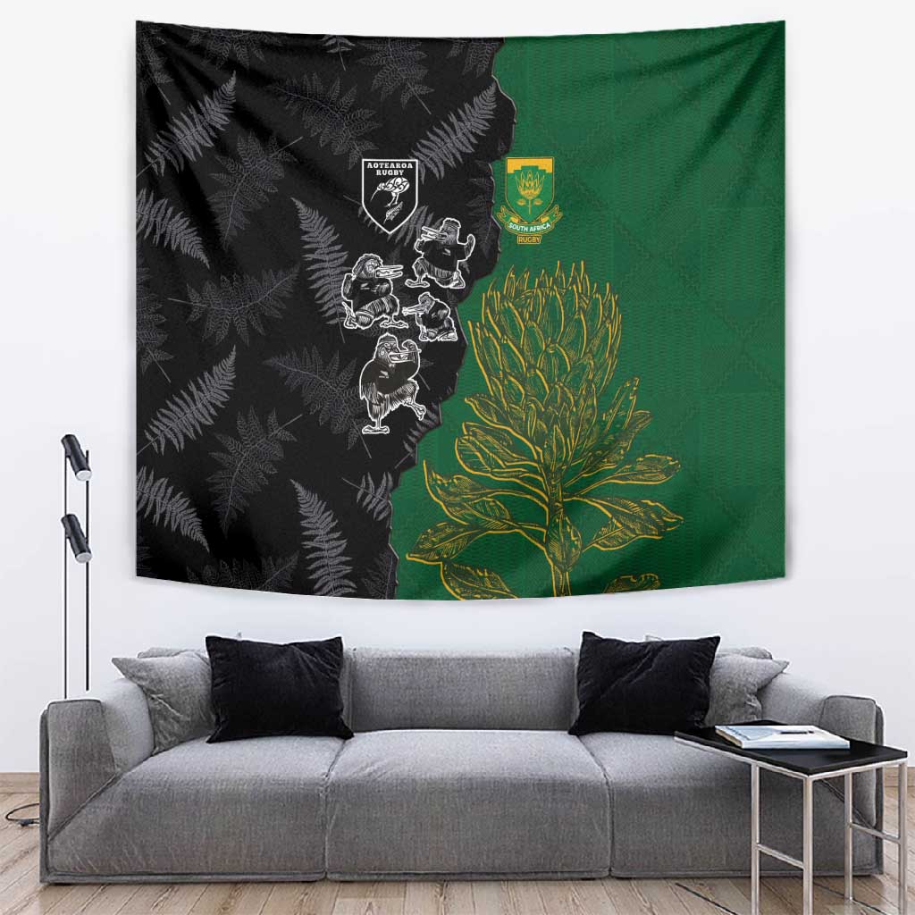 Aotearoa South Africa Rugby Freedom Cup Tapestry Kiwi Warriors Haka with King Protea Symbol LT03