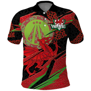 Welsh Celtic-Awen Polo Shirt Wales Y Ddraig Goch with Celtic Knot Sporty LT03