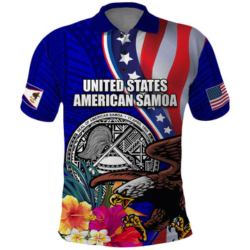 Personalised American Samoa and United States Polo Shirt Bald Eagle and Seal Hibiscus Polynesian Pattern LT03