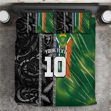 Custom Aotearoa South Africa Rugby Freedom Cup Bedding Set Maori Silver Fern Art and Sporty Flag SA LT03