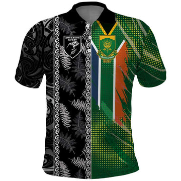 Custom Aotearoa South Africa Rugby Freedom Cup Polo Shirt Maori Silver Fern Art and Sporty Flag SA LT03