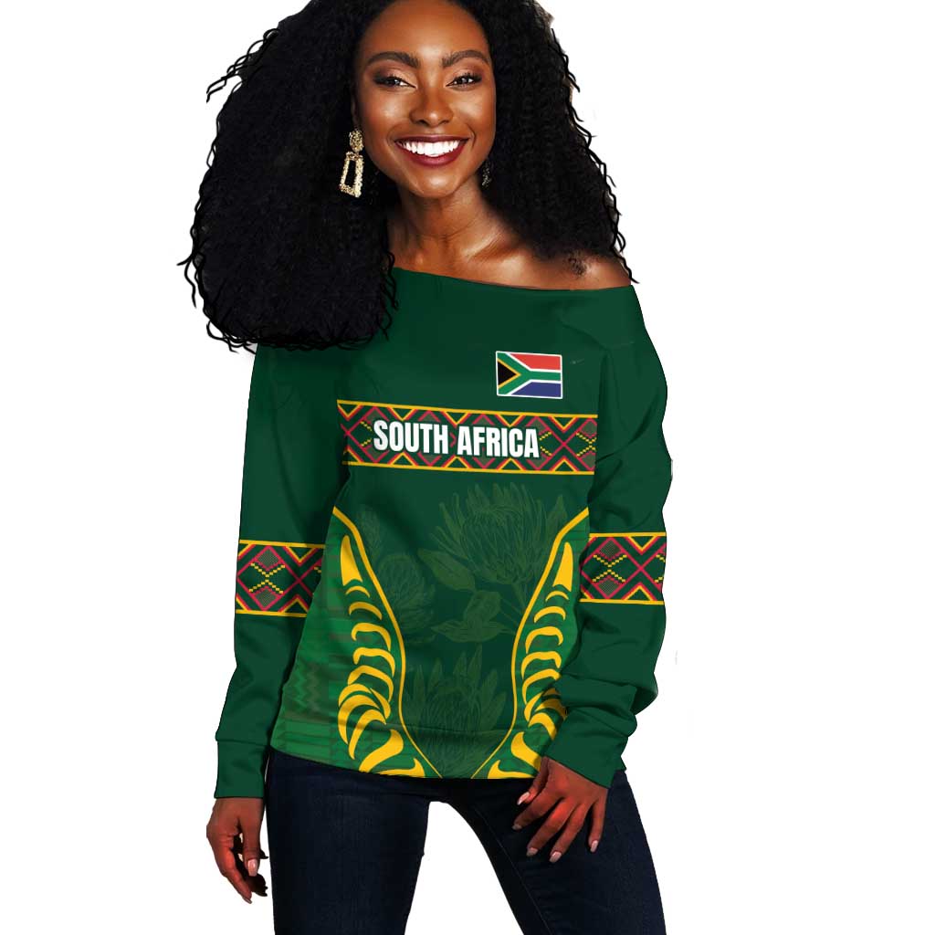 Custom South Africa Rugby Off Shoulder Sweater Springboks Spirit and King Protea LT03