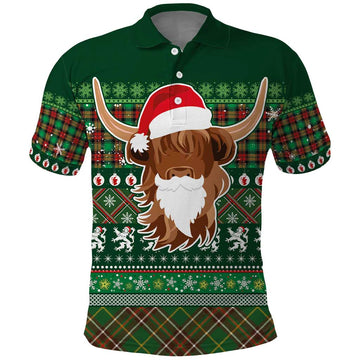 Scottish Christmas Polo Shirt Highland Cattle-Xmas Tartan Stripes Style Green Color LT03