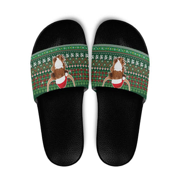 Scottish Christmas Slide Sandals Highland Cattle-Xmas Tartan Stripes Style Green Color LT03