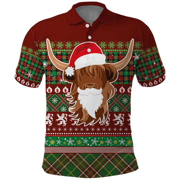Scottish Christmas Polo Shirt Highland Cattle-Xmas Tartan Stripes Style Red Color LT03