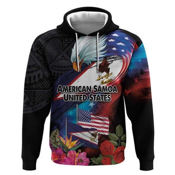 American Samoa and United States Together Hoodie National Flag with Eagle-Hibiscus and Rose LT03