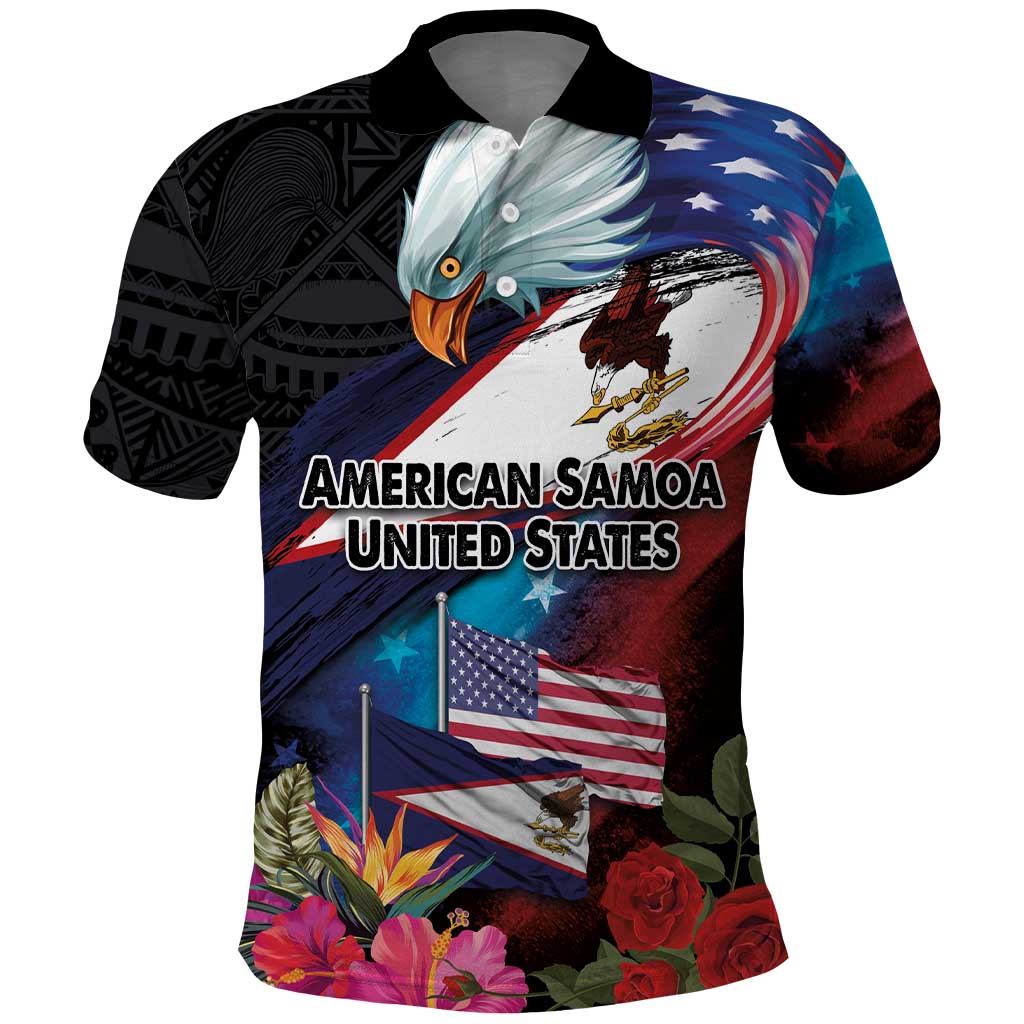 American Samoa and United States Together Polo Shirt National Flag with Eagle-Hibiscus and Rose LT03