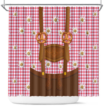 Traditional German Costume - Lederhosen and Soft Pretzel Shower Curtain Blue Plaid Pattern with Edelweiss Flowers LT03