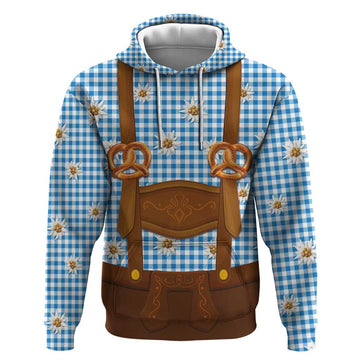 Traditional German Costume - Lederhosen and Soft Pretzel Hoodie Red Plaid Pattern with Edelweiss Flowers LT03