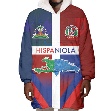 Hispaniola Wearable Blanket Hoodie Haiti and Dominican Republic Emblems and Flag Style LT03
