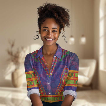 Haiti Women Casual Shirt Choeblack Dashiki Style Blue Color LT03