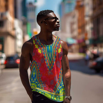 Haiti Men Tank Top Choeblack Dashiki Style Red Color LT03