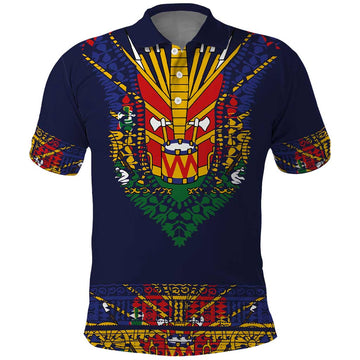 Haiti Flag Traditional Dashiki Polo Shirt Black Color LT03