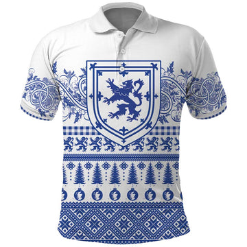 Scottish Christmas Polo Shirt Scotland Thistle and Celtic Knot White-Blue Color LT03