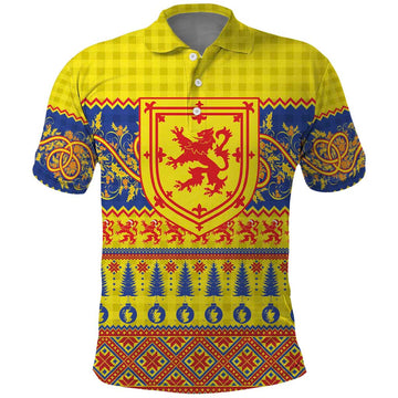 Scottish Christmas Polo Shirt Scotland Thistle and Celtic Knot Yellow-Red Color LT03