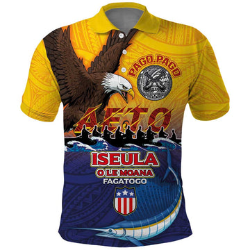 American Samoa Fautasi Polo Shirt Bald Eage and Sailfish with Kakau Motifs LT03
