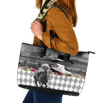 Kentucky Racing Horses Derby Hat Lady Leather Tote Bag Churchill Downs and Roses Grayscale LT03