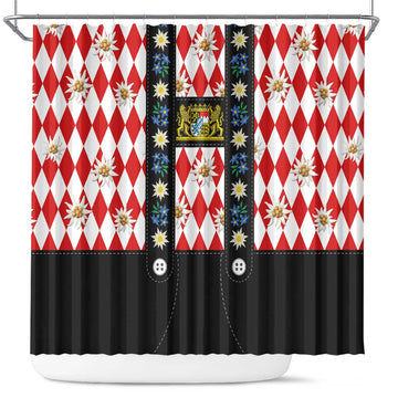 Bavaria Traditional Lederhosen Costume Shower Curtain Bavaria Emblem - Red Plaid Pattern with Edelweiss Flowers LT03