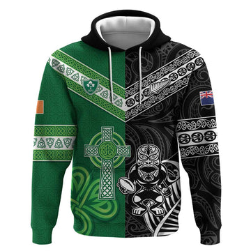 New Zealand And Ireland Rugby Custom Hoodie Maori Tiki With Shamrock LT05