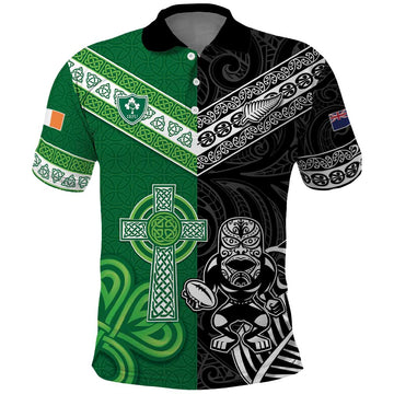 New Zealand And Ireland Rugby Custom Polo Shirt Maori Tiki With Shamrock LT05