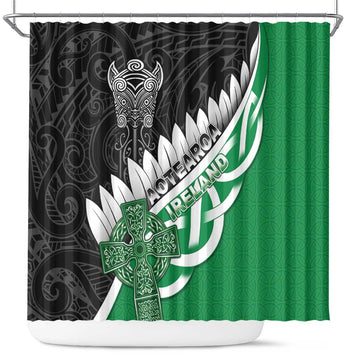 New Zealand And Ireland Rugby Shower Curtain Silver Fern With Celtic Cross LT05