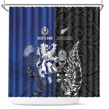 New Zealand And Scotland Rugby Shower Curtain Maori Tiki With Thistle Together LT05