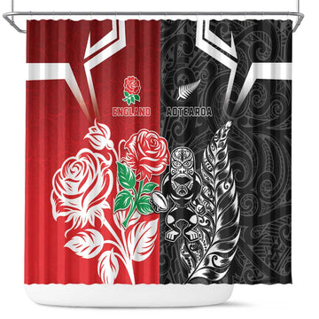 New Zealand And England Rugby Shower Curtain Maori Tiki With Red Rose Together LT05
