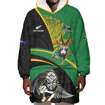 Custom New Zealand And South Africa Rugby Wearable Blanket Hoodie 2023 Springboks Combine All Black Silver Fern LT05