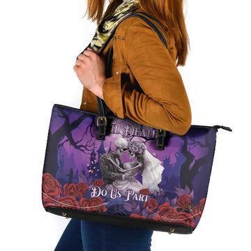 Halloween Skeleton Couple Leather Tote Bag Til Death Do Us Part LT05