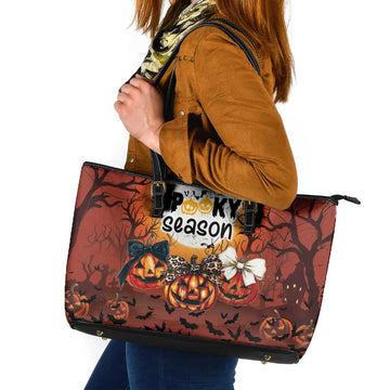Coquette Pumpkin Halloween Leather Tote Bag It's Spooky Season LT05