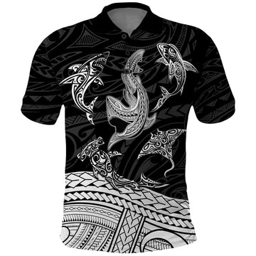 Polynesian Tribal Polo Shirt with Sharks Tattoo White LT6