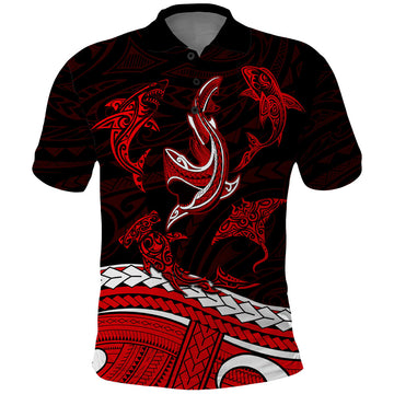 Polynesian Tribal Polo Shirt with Sharks Tattoo Red LT6