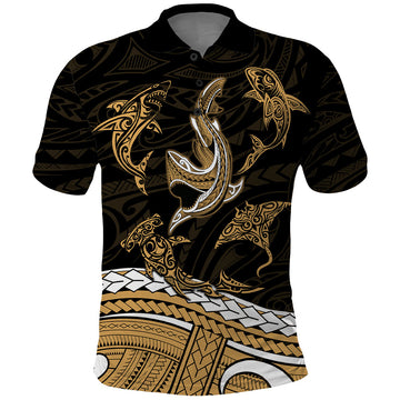 Polynesian Tribal Polo Shirt with Sharks Tattoo Gold LT6