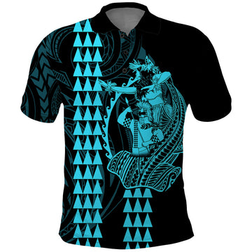 Polynesian Polo Shirt Hawaiian Warrior and Aloha Girl With Hammerhead Shark Tattoos Light Blue LT6