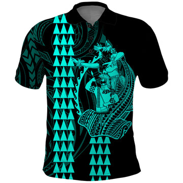 Polynesian Polo Shirt Hawaiian Warrior and Aloha Girl With Hammerhead Shark Tattoos Turquoise LT6