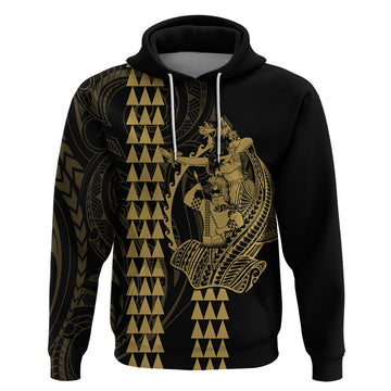 Polynesian Hoodie Hawaiian Warrior and Aloha Girl With Hammerhead Shark Tattoos Gold LT6