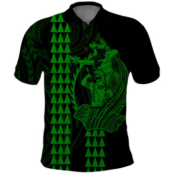 Polynesian Polo Shirt Hawaiian Warrior and Aloha Girl With Hammerhead Shark Tattoos Green LT6