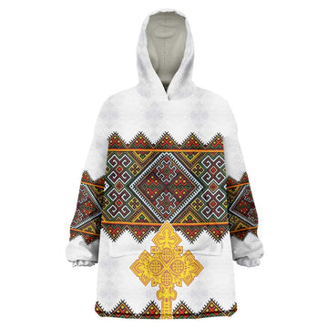 Eritrea Wearable Blanket Hoodie Tilet Mix Eritrean Cross - White LT7