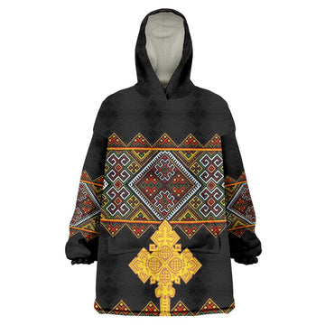 Eritrea Wearable Blanket Hoodie Tilet Mix Eritrean Cross - Black LT7