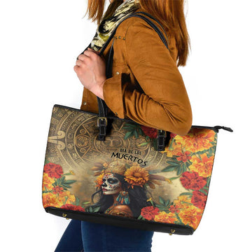 Dia de Los Muertos Mexico Leather Tote Bag Aztec Goddess Mictecacihuatl LT7