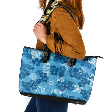 Hawaii Tapa Leather Tote Bag Hibiscus Mix Hawaiian Quilt Patches - Blue LT7