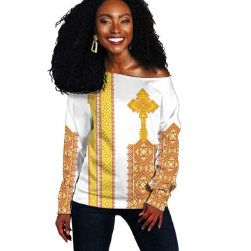 Habesha Motifs Ethiopia Off Shoulder Sweater Tilet White Gold LT7