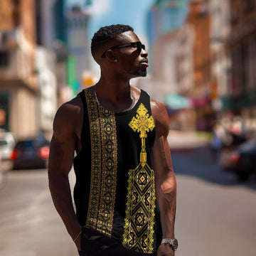 Habesha Motifs Ethiopia Men Tank Top Tilet Black Gold LT7