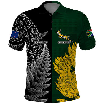 Personalised New Zealand Mix South Africa Rugby Polo Shirt Protea Vs. Silver Ferns LT7