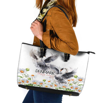 Denmark Mute Swan Leather Tote Bag With Chamomile Daisy Flowers LT9