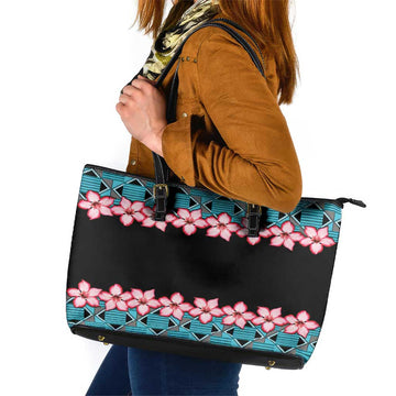African Adenium Multiflorum Flowers Leather Tote Bag with Kente Style LT9