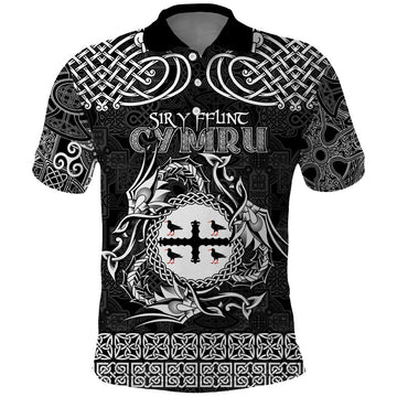 Personalized Flintshire Sir y Fflint Polo Shirt Black Four Choughs Celtic-inspired LT9